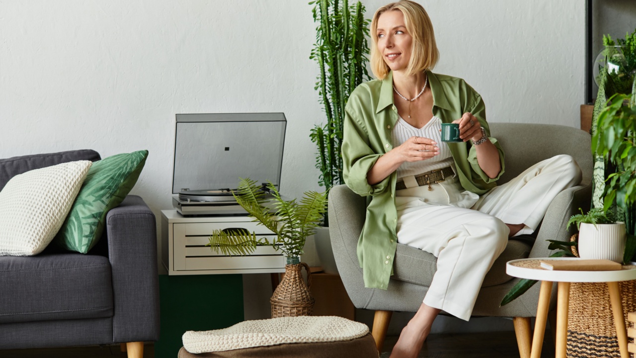 A beautiful woman in casual attire sits comfortably at home, sipping her drink and relaxing.
