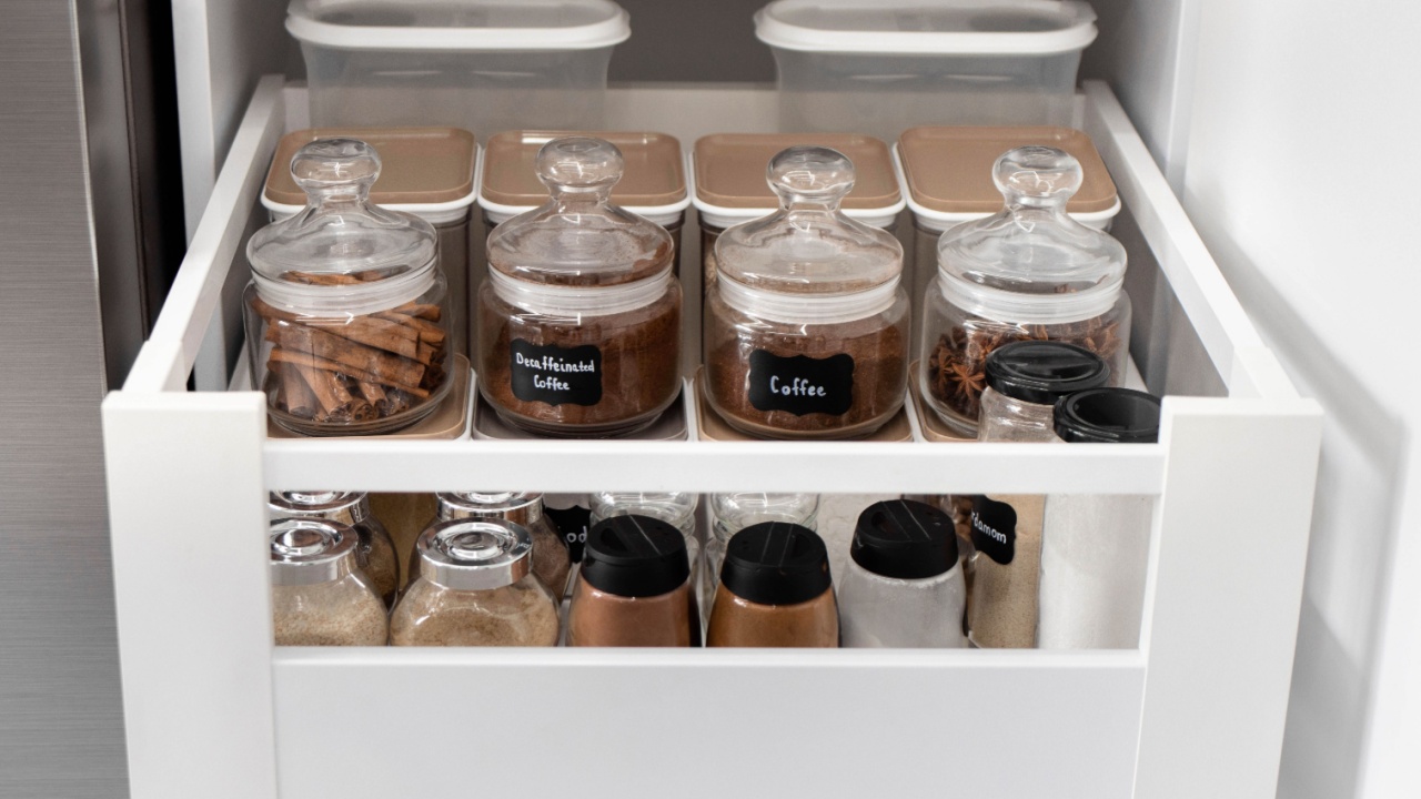 Close-up of jars of spices standing in a kitchen drawer. Storing spices in the kitchen. Home routine. Horizontal photo.