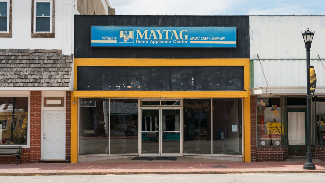 Marceline, Missouri - August 30, 2025: A former Maytag home appliance center in downtown Marceline.