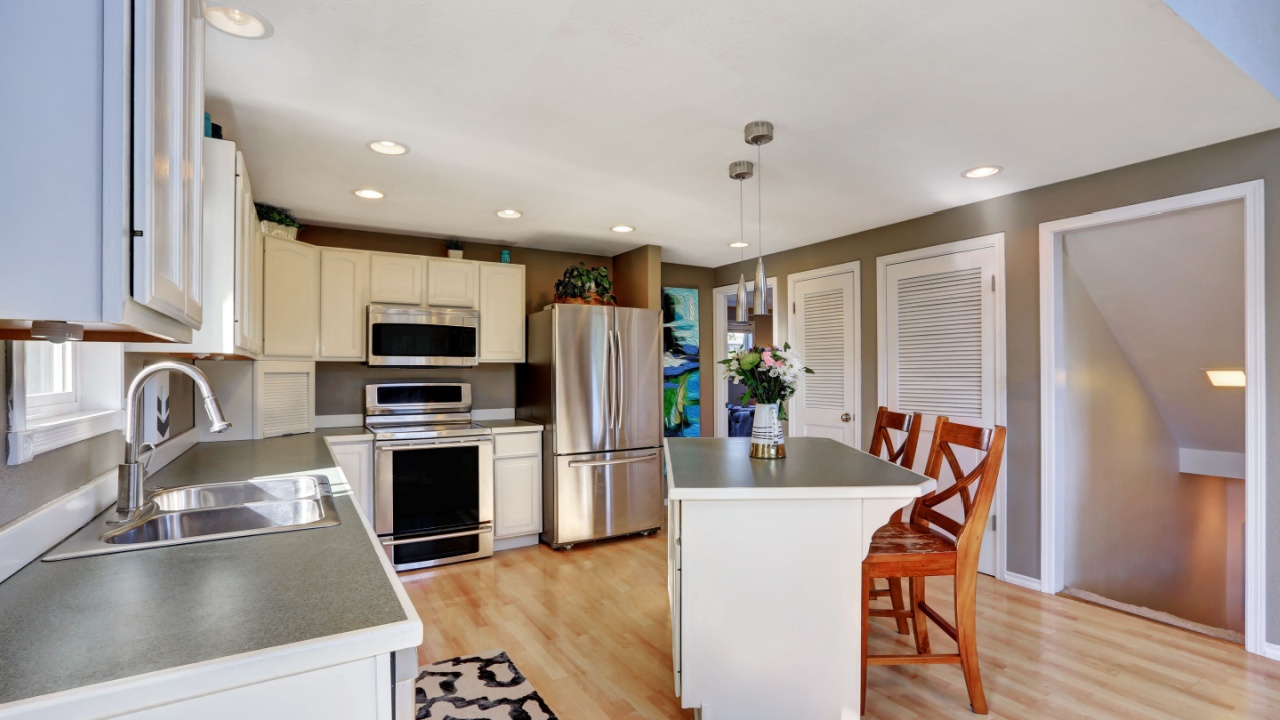 Modern kitchen room interior with stainless steel appliances. Northwest, USA