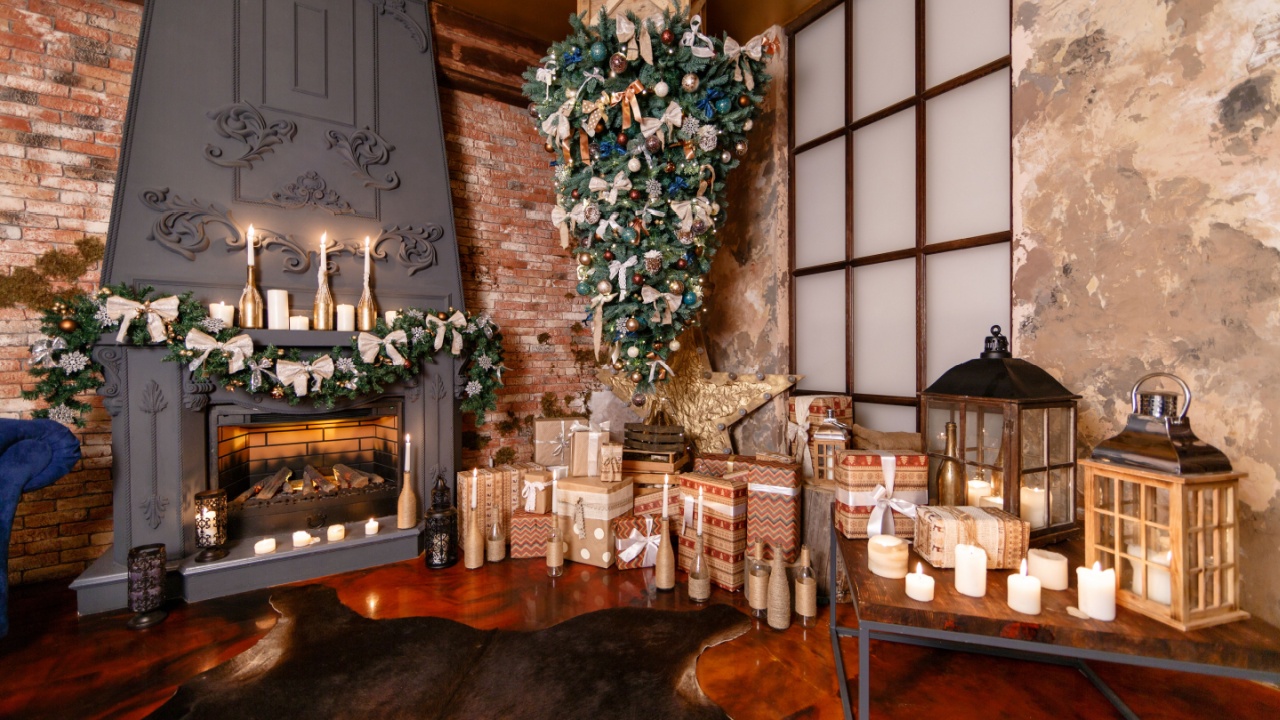 alternative tree upside down on the ceiling. Winter home decor. Christmas in loft interior against brick wall.