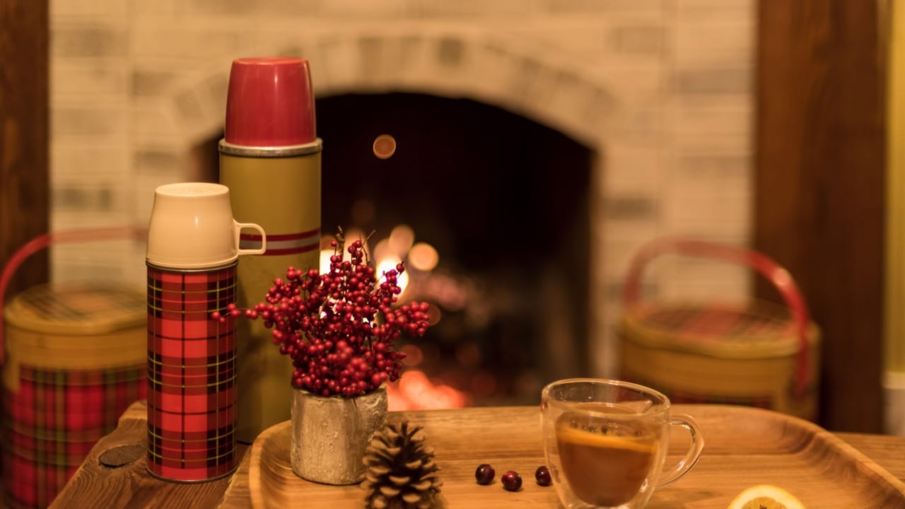 Fireside tea with vintage plaid holiday decor