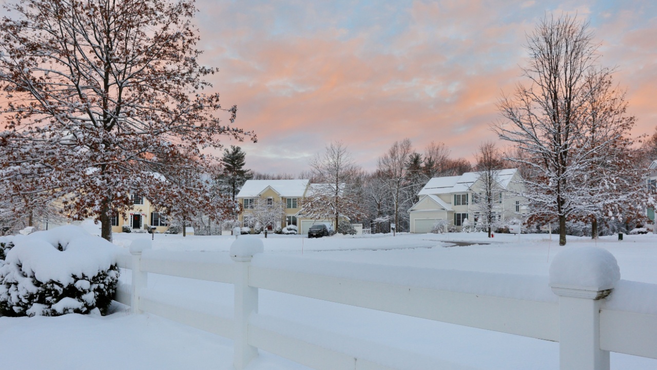 Overlooking a peaceful New England street at sunrise in the winter after snow, Boston, Massachusetts, USA