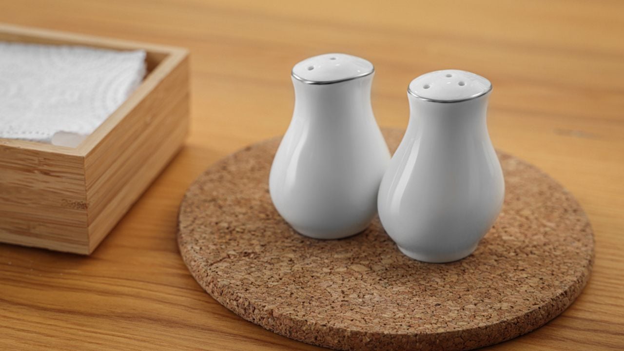 White ceramic salt and pepper shakers on wooden table