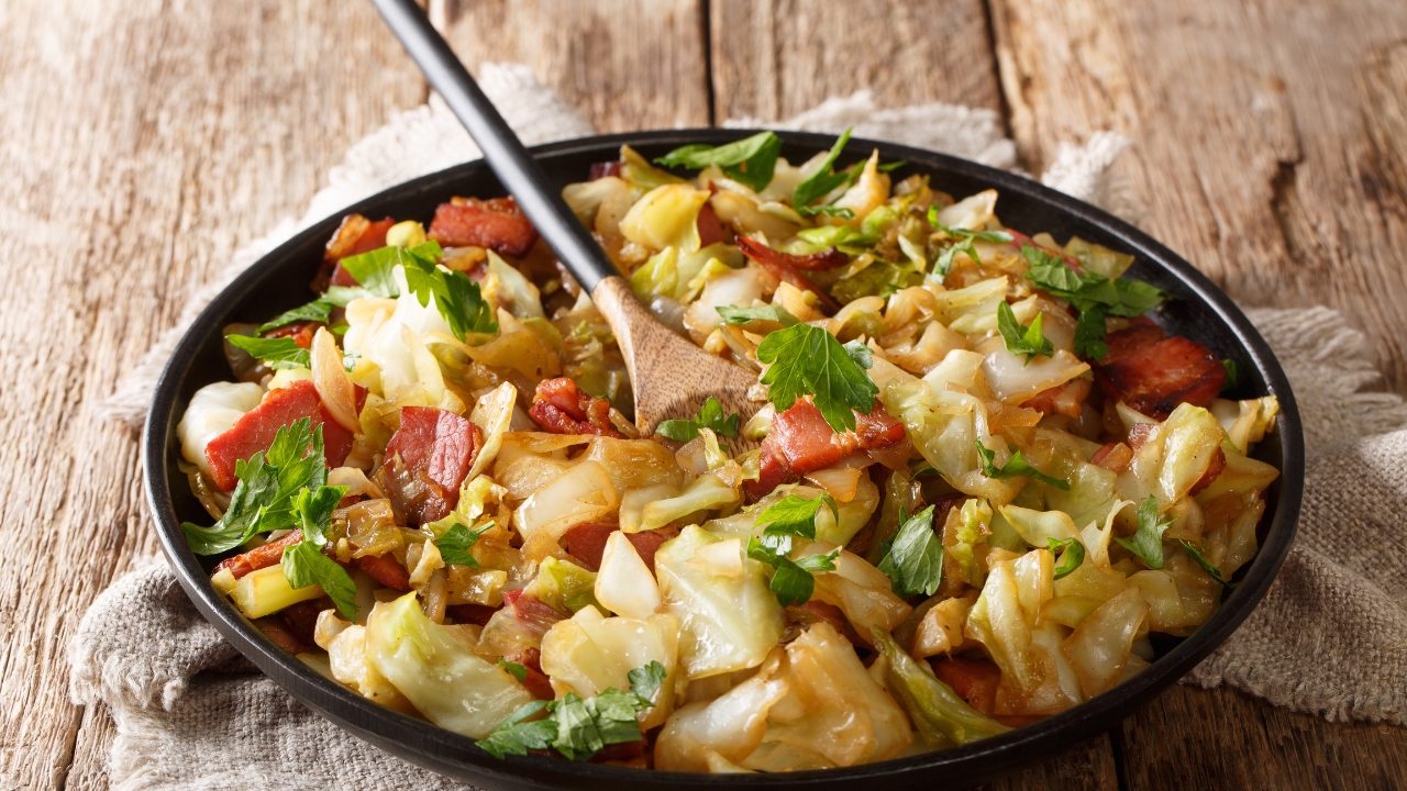 a dish of cabbage and bacon
