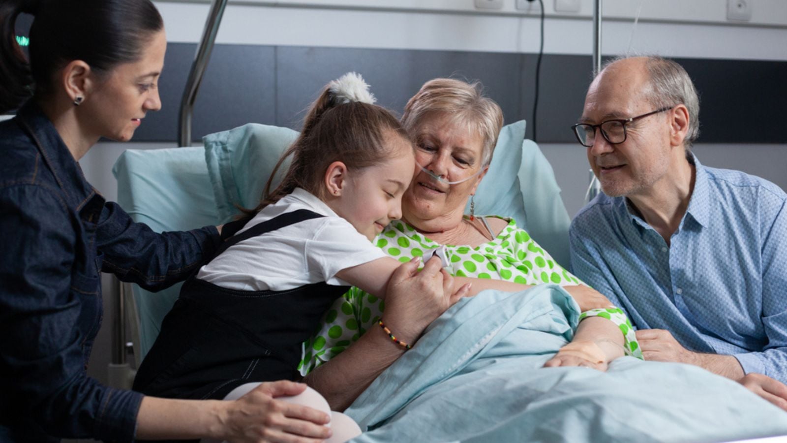 sick dying old man with his sad kids