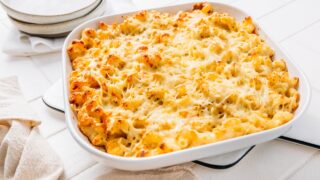 a large pan of baked macaroni and cheese