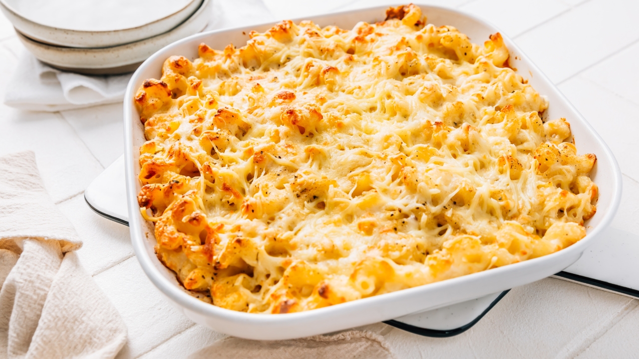 a large pan of baked macaroni and cheese