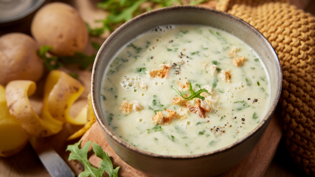 a bowl of potato soup