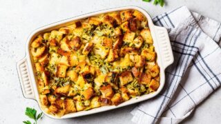 a large dish of Thanksgiving stuffing