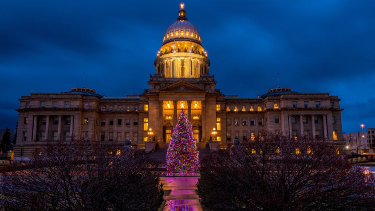Boise Idaho capital building at night with Christmas tree