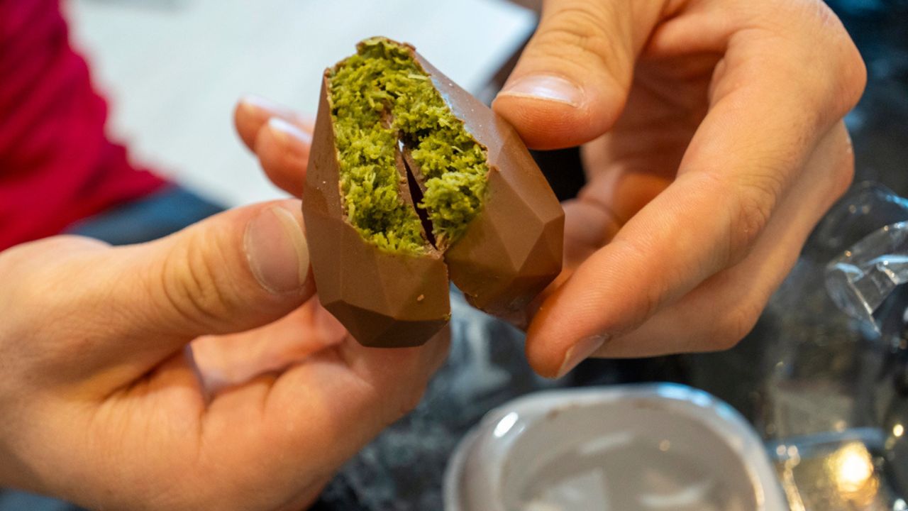 Dubai chocolate truffle open in the middle