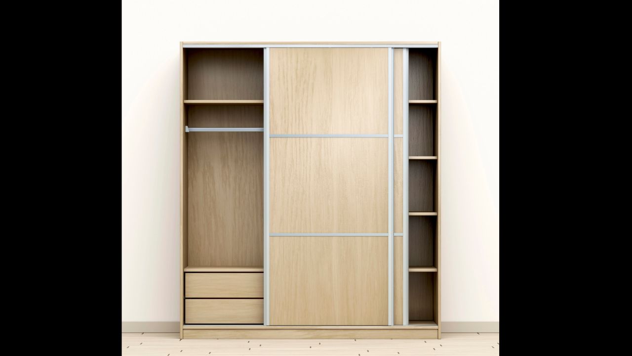 Front view of modern wood wardrobe in the roo