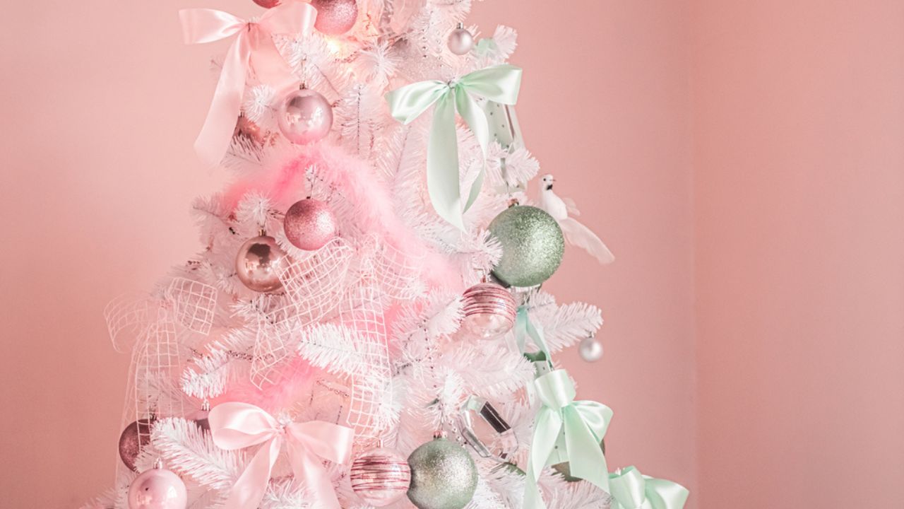 Pastel Christmas tree look, decor in modern style as holiday home decoration