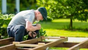 Senior man working on a project in his garden. Man constructing a wooden terrace on his backyard.