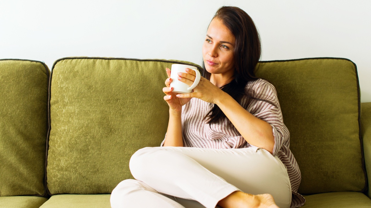 Portrait Romantic Dark Hair Young Beautiful Woman Casual Linen Clothes Female Hold Cup Tea Coffee Photo Relaxing Green Sofa Simple Interior