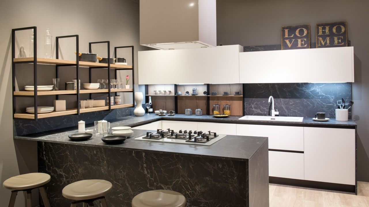 Modern kitchen interior with centre island with bar stools and hob, white cabinets and open shelving