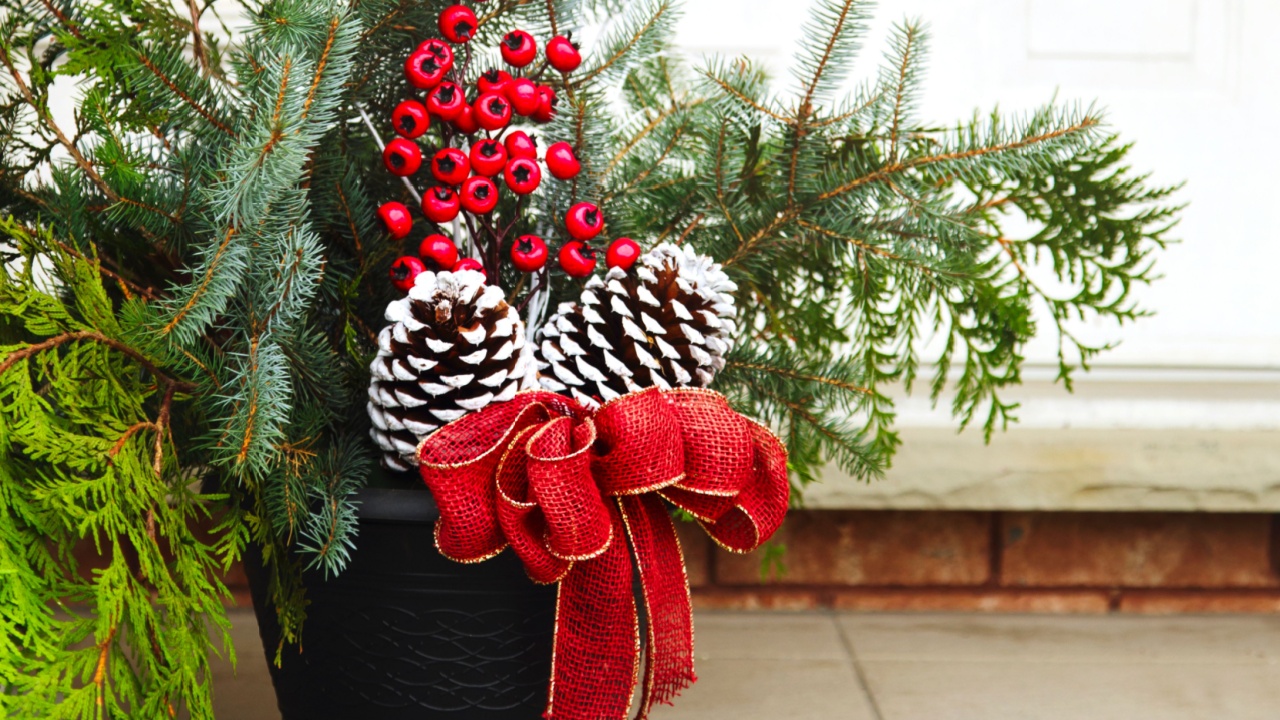 Front door with a Christmas decor