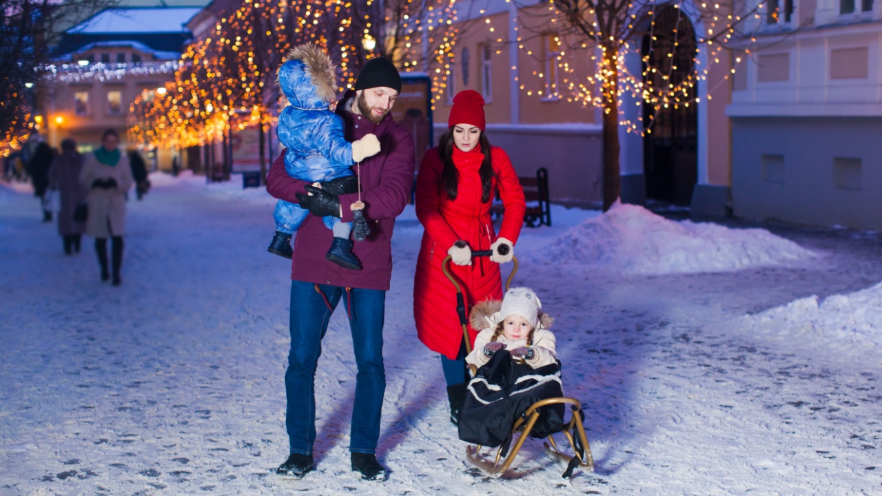 Beautiful family during winter walk with city background
