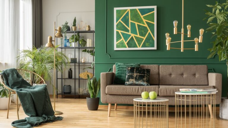 Modern gold and green living room interior design