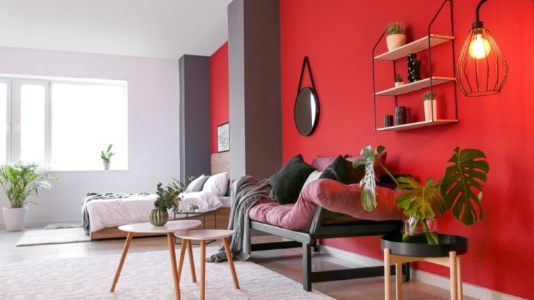 Interior of modern studio apartment red paint wall