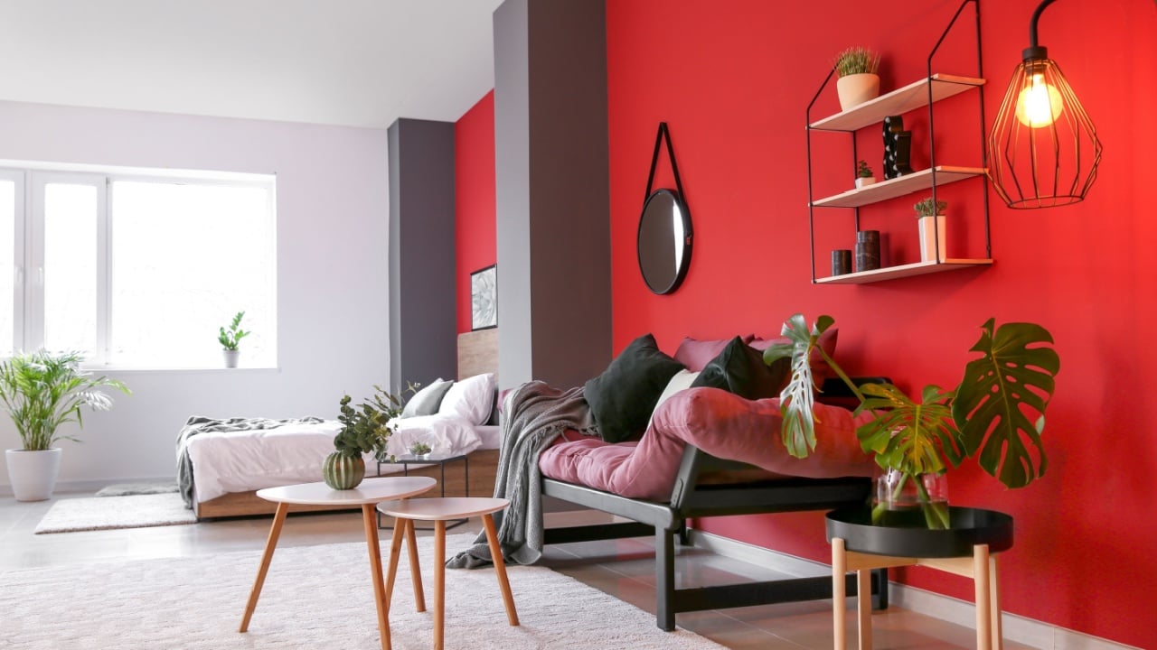 Interior of modern studio apartment red paint wall