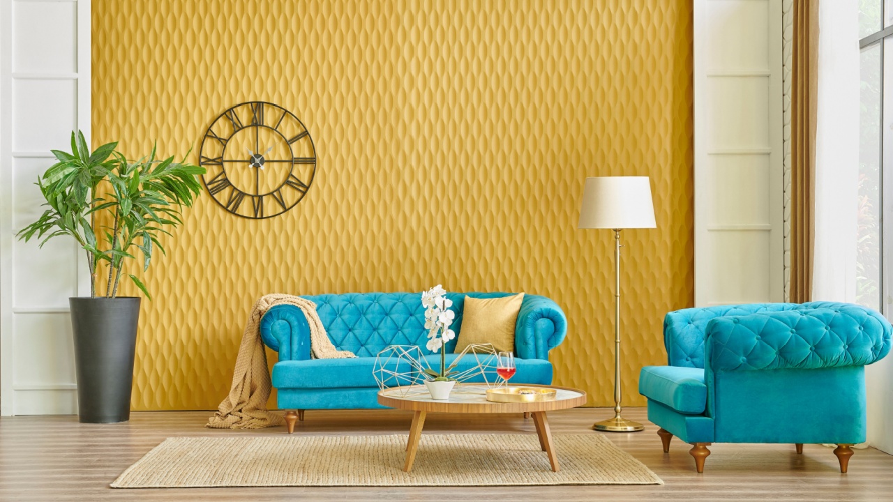 Yellow living room, textured wall background and blue sofa and armchair decoration.