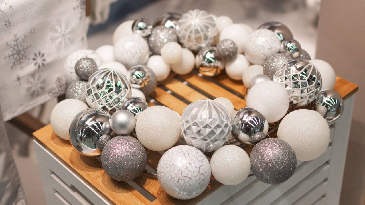Christmas wreath made with silver Christmas balls for home decoration.