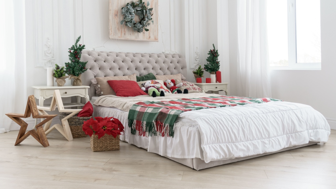 Decorated bedroom for Christmas holidays with trees and flowers