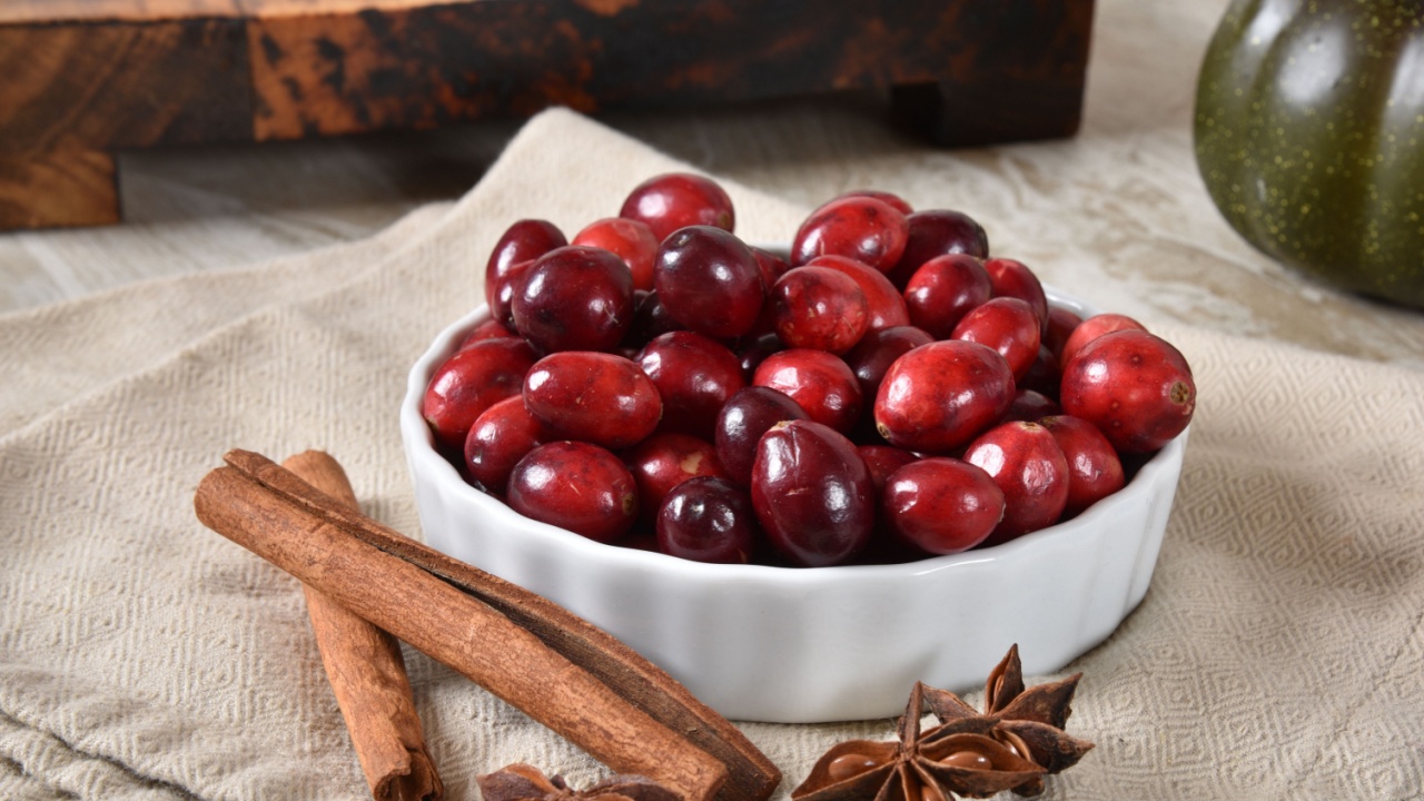 A bowl of fresh ripe cranberries with cinnamon sticks and star anise
