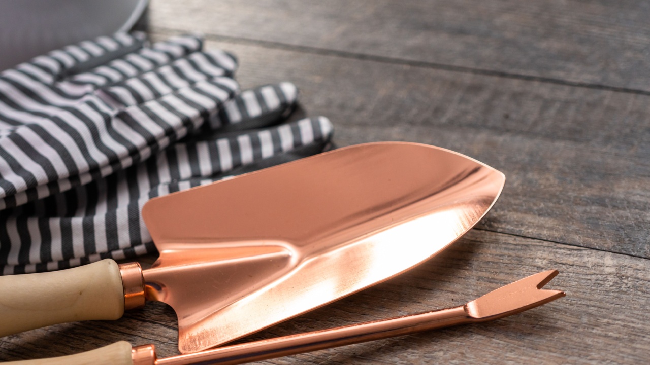 Small garden tools are ready for Spring planting season. Included garden gloves, shovel, watering can and plant tags.