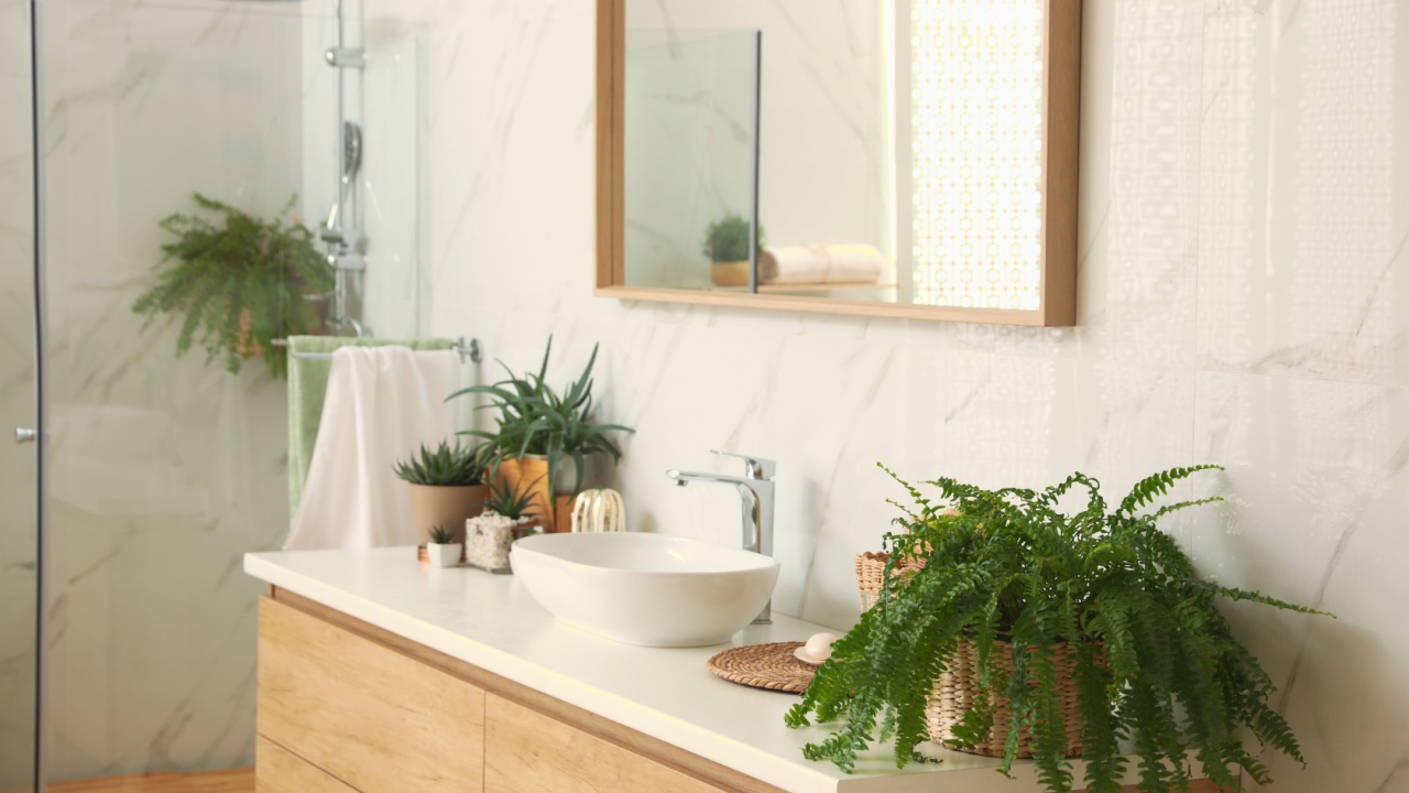 Stylish bathroom interior with countertop, mirror and shower stall. Design idea