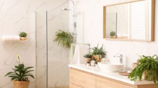 Stylish bathroom interior with countertop, shower stall and houseplants. Design idea