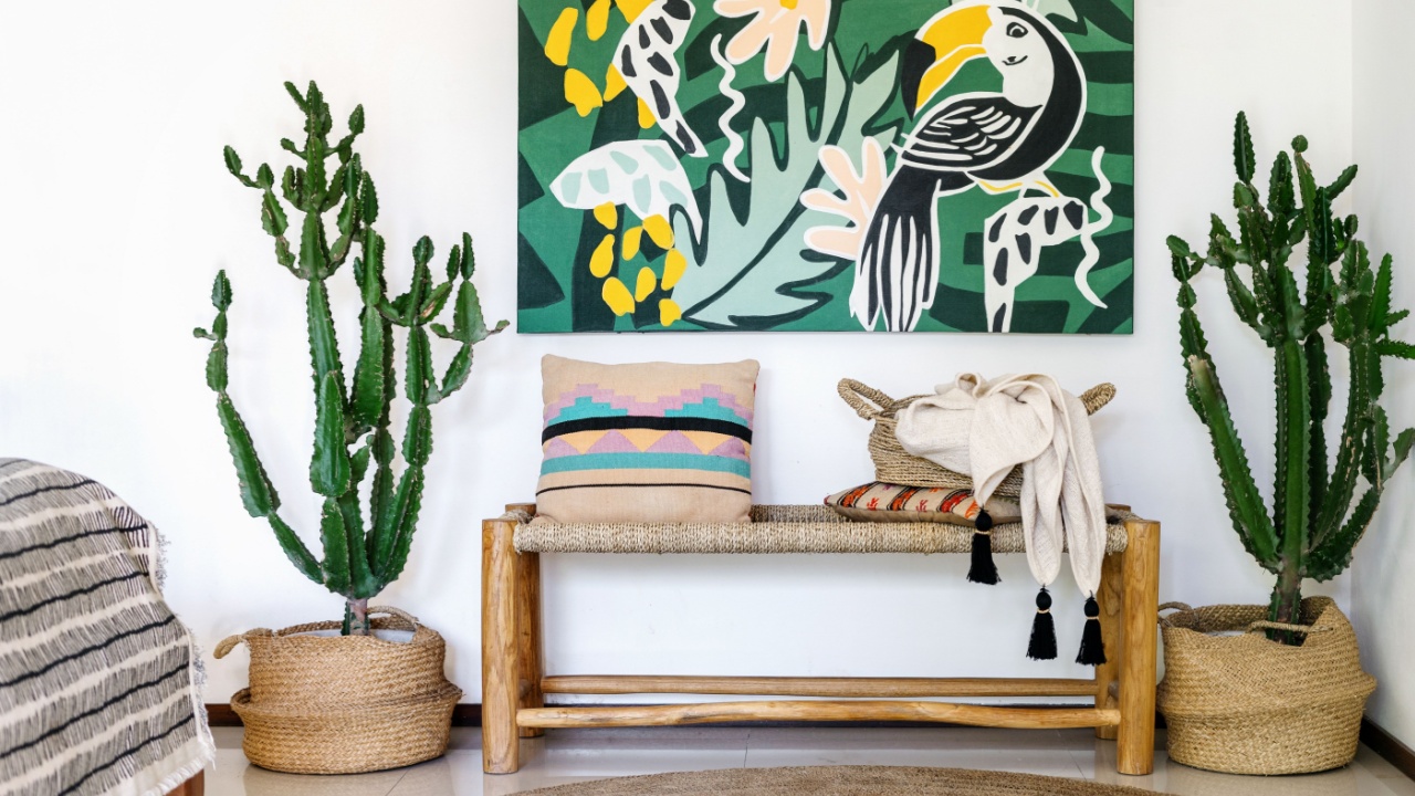 Elegant authentic room with stylish interior design, wooden bench seat, cozy cushions, plaid, carpet on floor and cactus plants in wicker baskets