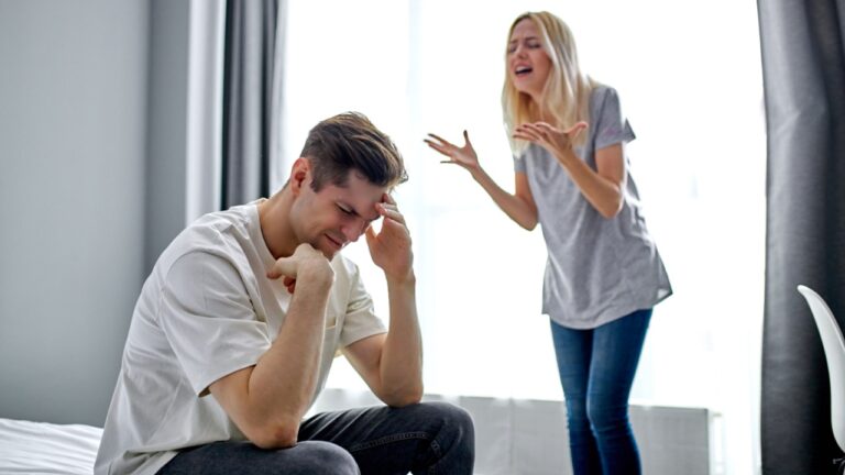 portrait of young caucasian woman chastising husband for his antics, bad behavior, unhealthy relationships, problems in family