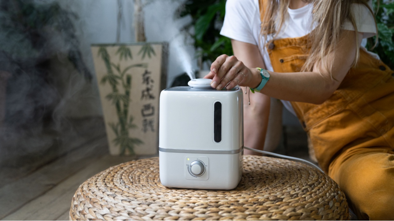 Woman gardener in overalls feeling fresh, sitting on the wooden floor, using air humidifier in home garden during heating period, houseplants on background. Plant care. 