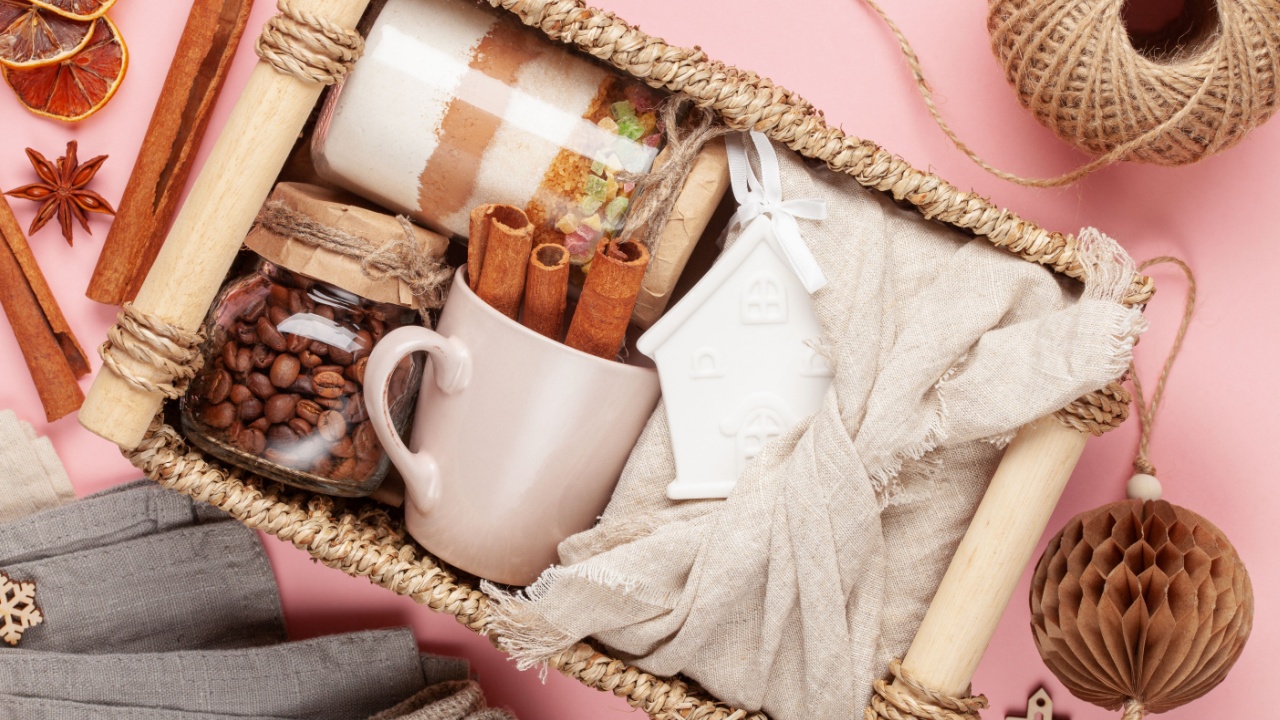 Ingredients for Christmas cookies in a jar on a festive background. Eco friendly or zero waste concept. Top view