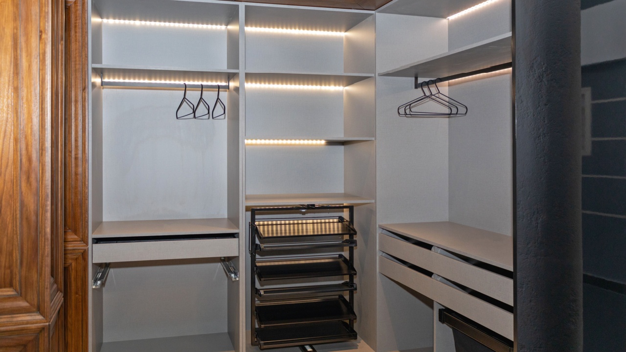 Empty Walk in Wardrobe Closet With Lights