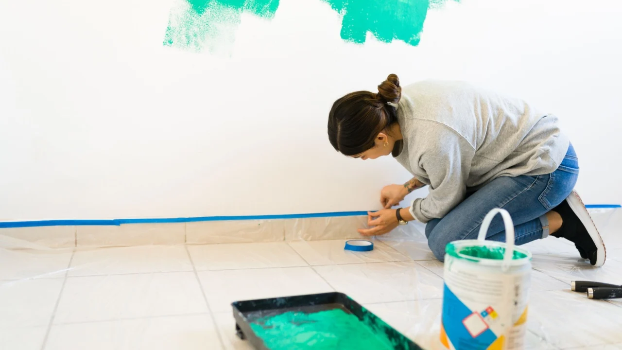 Young woman doing a renovation at home. Beautiful woman putting tape and plastic on her floor to protect it from the fresh paint