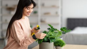 Domestic Life. Portrait of smiling young woman taking care of the house plants, gardening. Beautiful lady holding leaf in her hand, spraying a plant with pure water from a spray bottle. Home activity