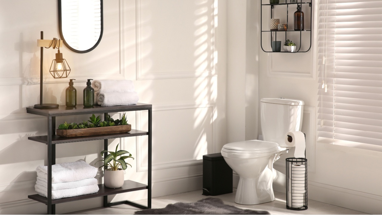 Modern toilet bowl in comfortable restroom. Interior design