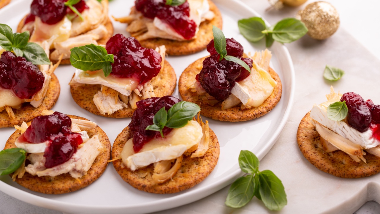Party appetizers with roasted turkey, brie and cranberry sauce on crackers for Christmas