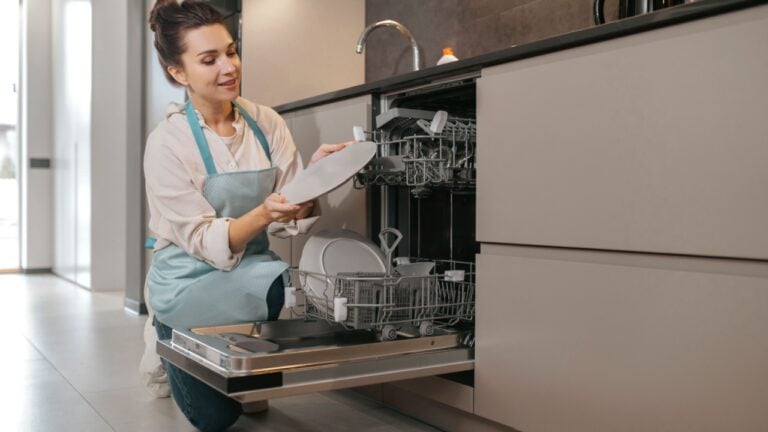 Young woman in apron cleaning the crockery dishwasher