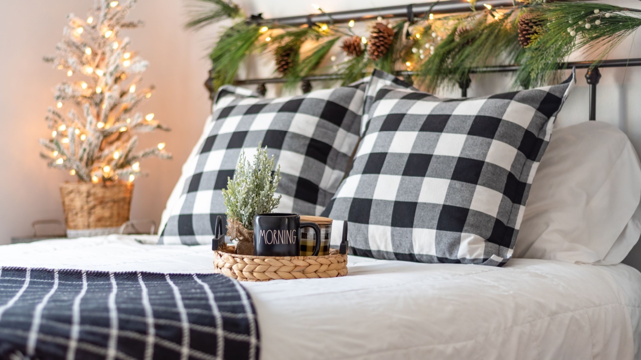 Stylish guest bedroom with coffee tray decorated for Christmas