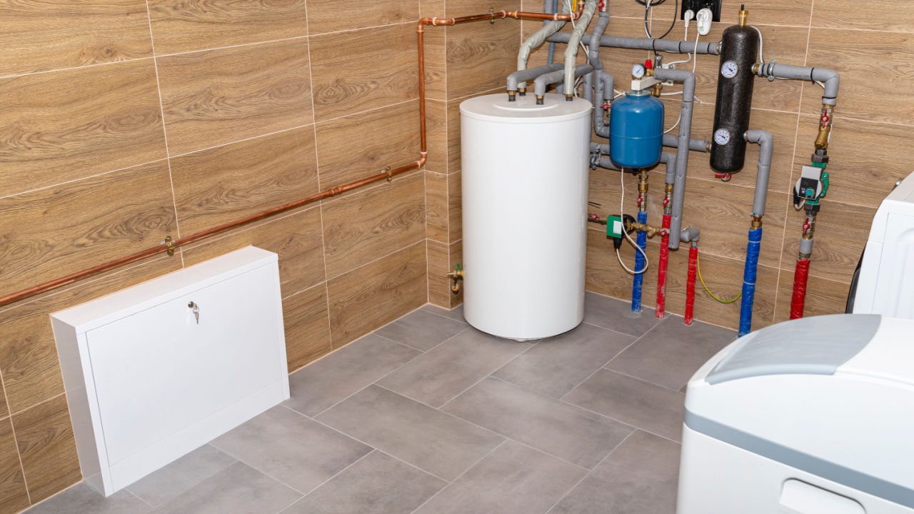 A modern gas boiler for natural gas, installed in a boiler room lined with ceramic tiles, visible 120 liter hot water tank and underfloor heating manifold.