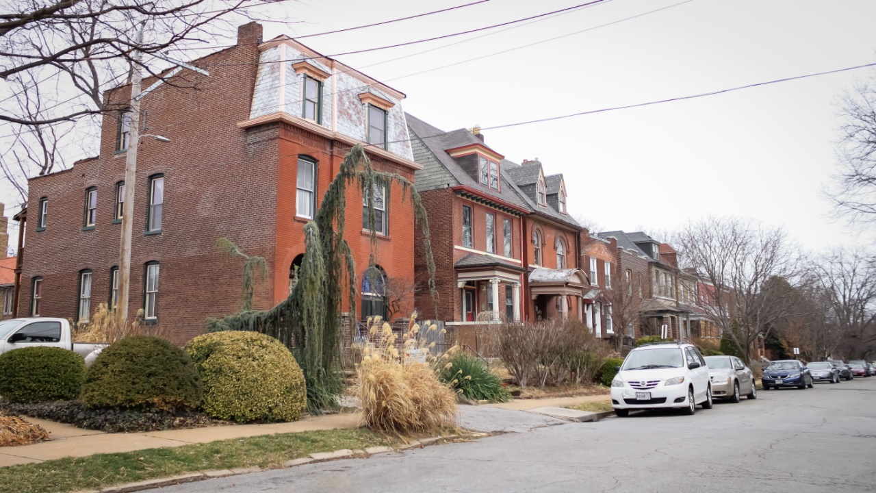 St. Louis, Missouri United States - March 3 2022: historic row houses on a cloudy day