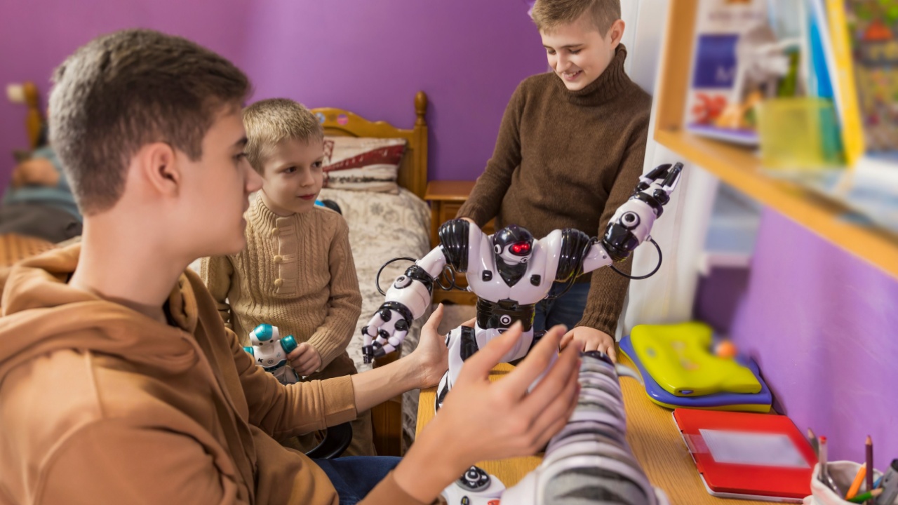 children play with different robots