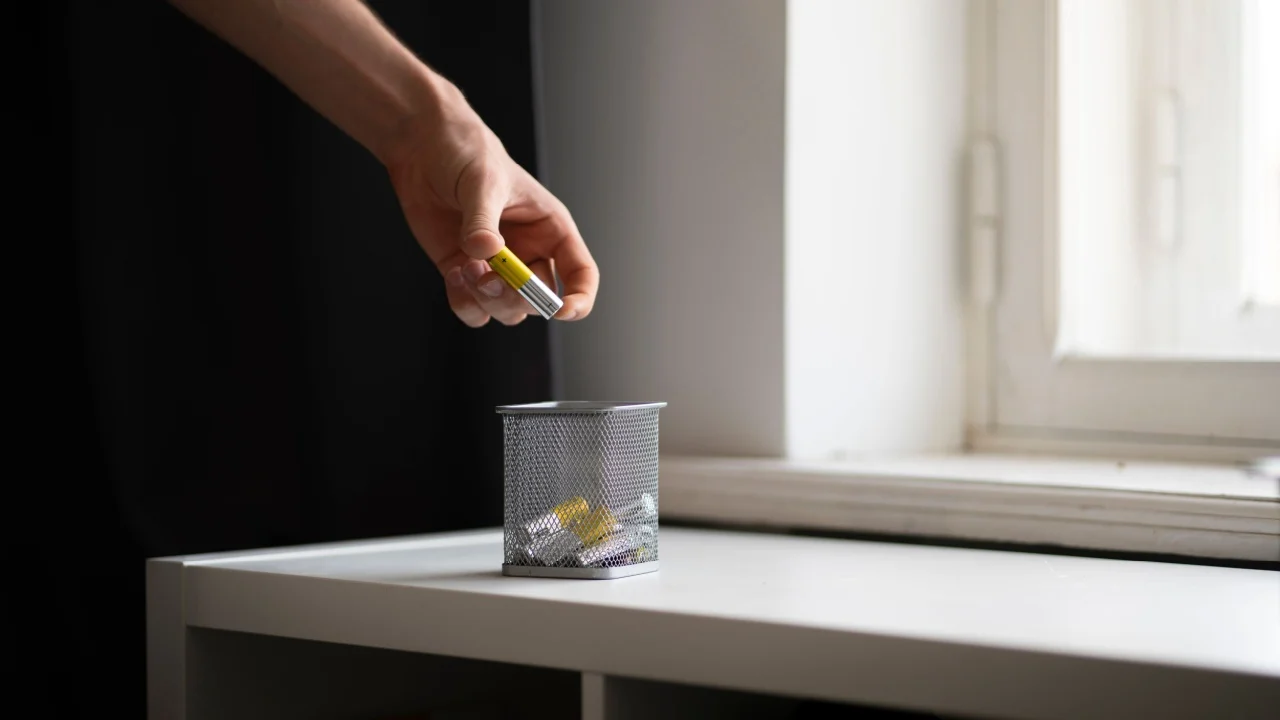 hand holds the AA electric battery and throw it in the trash bin as the symbol of recycle and reuse