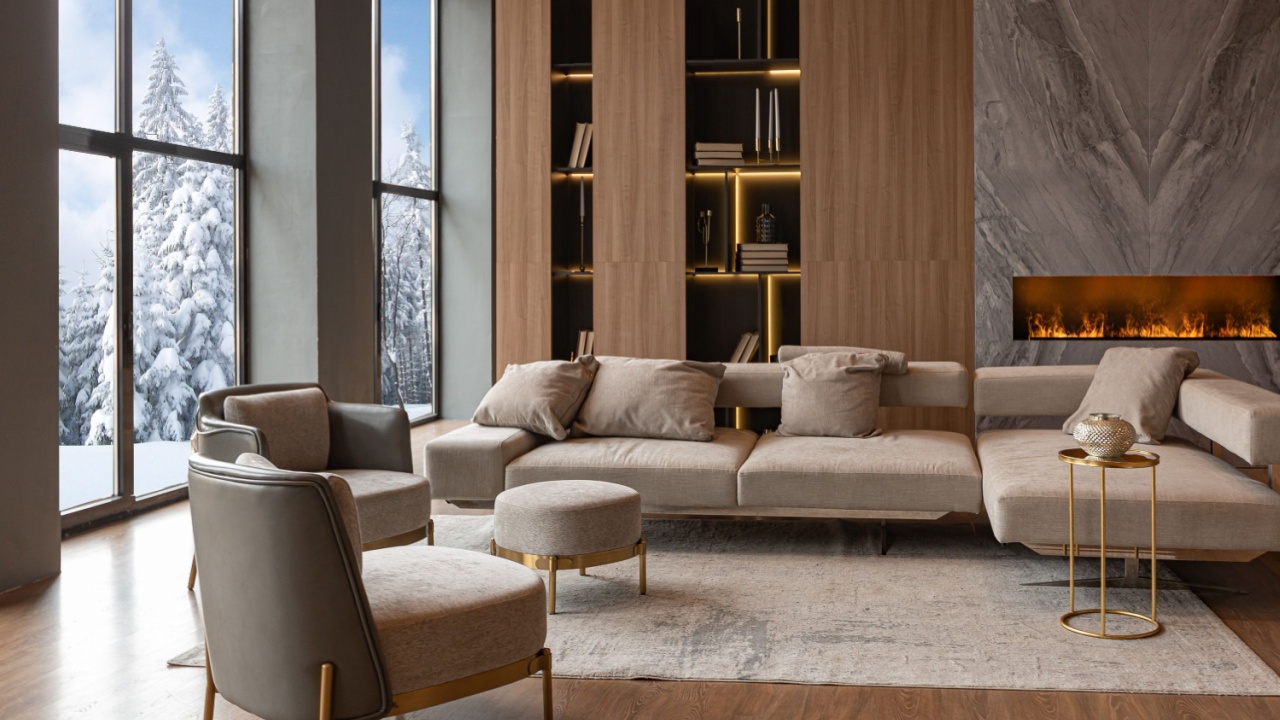 living room, marble wall fireplace and stylish bookcase to the ceiling in a chic expensive interior of a luxurious country house with a modern design with wood and led light, gray furniturу