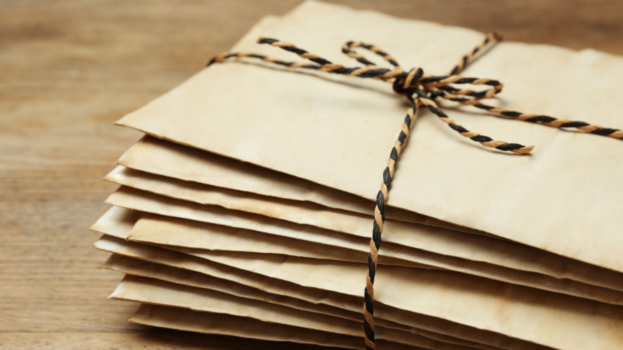 Stack of old letters tied with string on wooden table, closeup